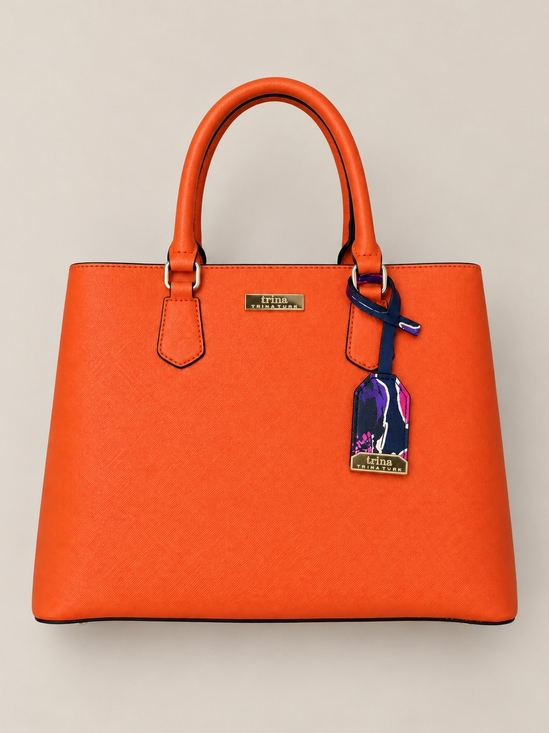 Trina Turk Handbags - Trina Turk Orange Saffiano Satchel Bag Medium Floral Interior Vibrant Bold Autum